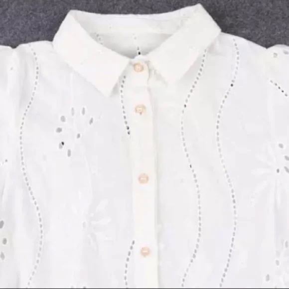 SOLD OUT White Boho Floral Eyelet Button Up Blouse - Picture 10 of 15